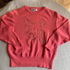 Vintage Crew Neck Pullover Sweater Peach 100 % Wool Cottagecore Grandma M/L